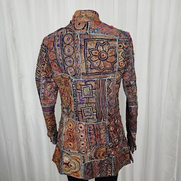 Vintage Unique Colorful Patchwork Jacket Intricate Embroidery Mandarin Collar - Picture 9 of 12